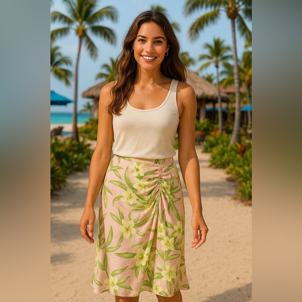 Tommy Bahama Cream and Green Floral Midi Skirt